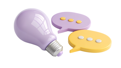 A purple lightbulb and speech bubbles isolated on transparent background represent ideas and communication