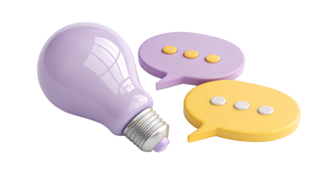 A purple lightbulb and speech bubbles isolated on transparent background represent ideas and communication