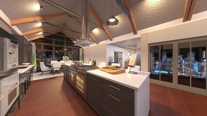 大きな窓があるリビングダイニング　3DCGレンダリング