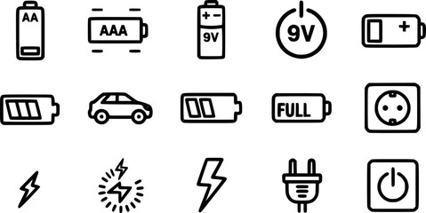 Battery vector set, power icon collection, energy symbol group, flat and line style illustrations of batteries, charge indicators, power source graphic bundle, electronic device elements pack
