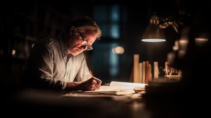 Editor proofreading a novel manuscript late at night under warm desk lighting highlighting concentration and attention to detail in publishing.