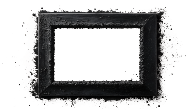 A black grunge frame with a rough texture isolated on transparent background