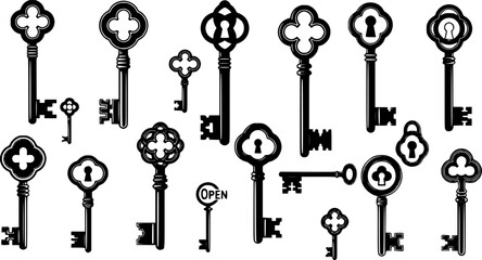 Antique key silhouettes. Medieval and modern keys, black vintage shapes set. Open door symbols, privacy and escape. Abstract tidy vector elements