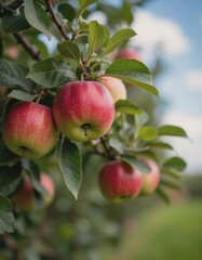 Ripe apples hanging on branches in a lush orchard ready for harvest