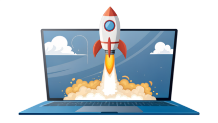 A rocket launching from a laptop screen symbolizes a successful startup and technological innovation isolated on transparent background