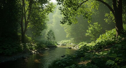 Lush Green Forest with Tranquil Stream and Sunlight Filtering Through Trees for Nature Blogs, Environmental Awareness, Relaxation Articles, and Scenic Travel Websites  