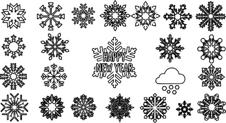 Snowflakes big set icons. Flake crystal silhouette collection. Happy new year. Snow, holiday, cold weather, frost. Winter design elements. Vector illustration