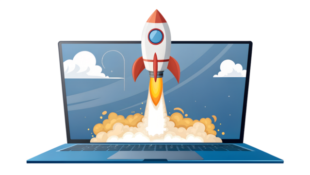 A rocket launching from a laptop screen symbolizes a successful startup and technological innovation isolated on transparent background
