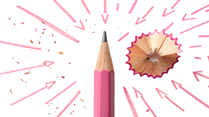 A pink pencil surrounded by handdrawn arrows and shavings isolated on transparent background, symbolizing focus and direction