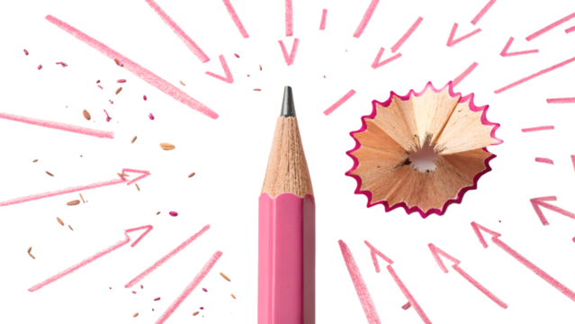 A pink pencil surrounded by handdrawn arrows and shavings isolated on transparent background, symbolizing focus and direction