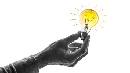 A hand holding a glowing lightbulb symbolizes a bright idea and innovative solution isolated on transparent background