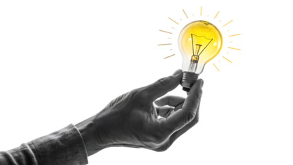 A hand holding a glowing lightbulb symbolizes a bright idea and innovative solution isolated on transparent background