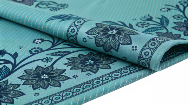 A folded aqua fabric with a dark blue floral pattern creates an elegant and decorative textile design isolated on transparent background