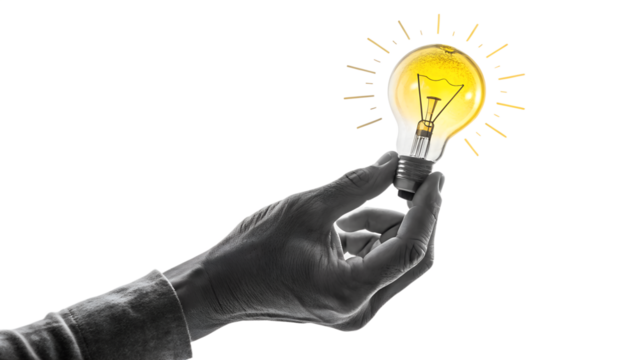 A hand holding a glowing lightbulb symbolizes a bright idea and innovative solution isolated on transparent background