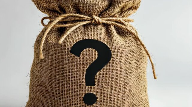 Mystery Bag: A burlap bag, tied with a simple rope and prominently displaying a large question mark, evokes curiosity and intrigue about the unknown contents.