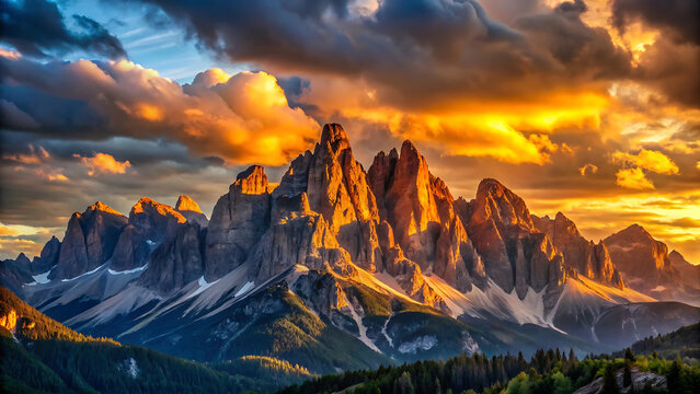 Craggy Mountain Skyline Backlit by Setting Sun