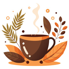 Vector Illustration of Hot Coffee Cup with Autumn Leaves and Steam.