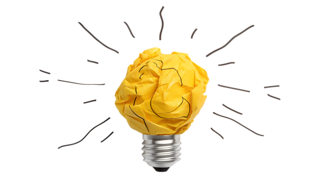 A crumpled yellow paper lightbulb isolated on transparent background symbolizes a creative idea