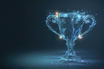Glowing blue digital trophy made of glowing particles and lines symbolizing achievement success and victory in a dark background