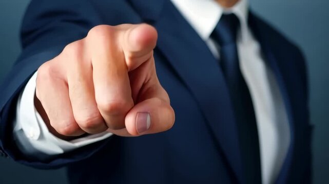 Pointing Direction: A refined professional in a smart suit emphatically gestures towards the viewer, as if making a powerful declaration, decision or instruction