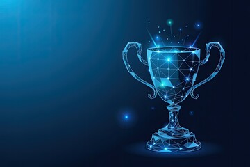 Glowing digital trophy with sparkling particles and abstract geometric patterns on a dark blue background representing victory and achievement