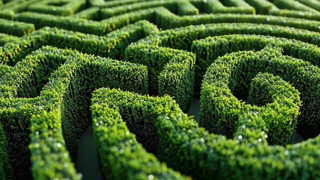 Labyrinthine Pathways: A verdant maze of precisely manicured hedges winds its way through the heart of an outdoor garden.
