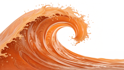 A dynamic wave of orange liquid curls and splashes against a white backdrop, isolated on transparent background
