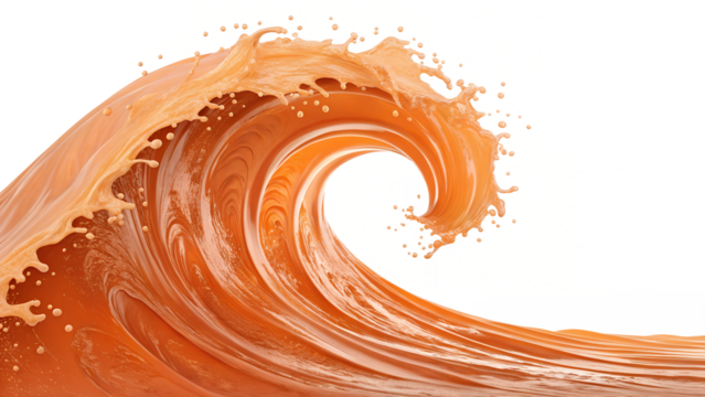 A dynamic wave of orange liquid curls and splashes against a white backdrop, isolated on transparent background