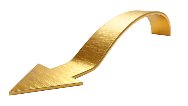 A curved golden arrow pointing downwards, symbolizing decline or recession, isolated on transparent background