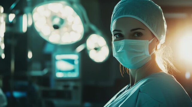 Female surgeon in operating room under dim lights, wearing surgical mask and scrub cap