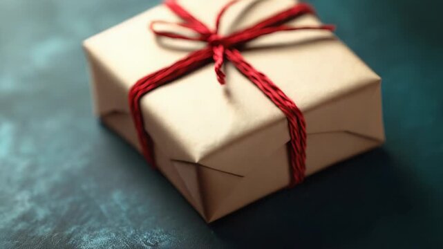 Wrapped gift box with red raffia ribbon on green background