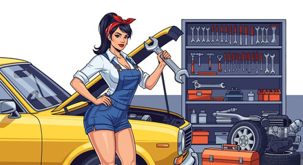 Flat illustration with transparent background of a stylish female car mechanic holding a large wrench, standing confidently next to a car with its hood open in a well-organized garage