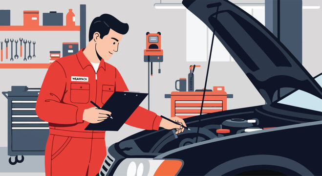 Adobe Illustrator Artwork Flat illustration with transparent background of a car mechanic performing an engine inspection on a vehicle with the hood open. Perfect for automotive service and repair