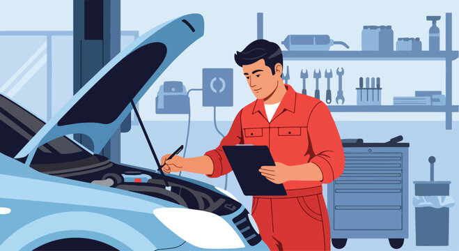 Adobe Illustrator Artwork Flat illustration with transparent background of a car mechanic performing an engine inspection on a vehicle with the hood open. Perfect for automotive service and repair