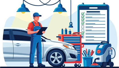 Adobe Illustrator Artwork Flat illustration with transparent background of a car mechanic with a clipboard inspecting a vehicle in a garage with tools and an inspection checklist. auto service themes
