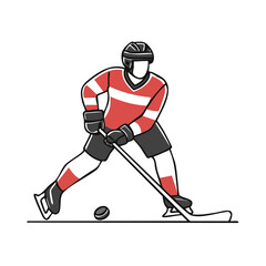 Fototapeta premium Line art of ice hockey player in action hitting puck with stick wearing team uniform and helmet
