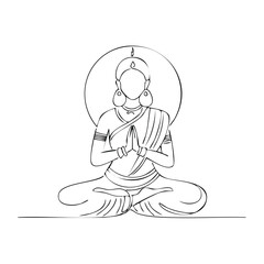 Divine woman in a traditional sari meditating in a lotus pose with a halo line art