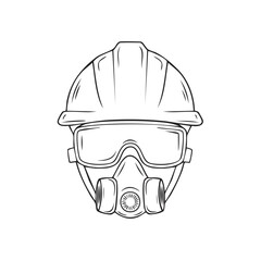 Naklejka premium Contour illustration of a hardhat, safety goggles, and gas mask. Black and white construction worker PPE.