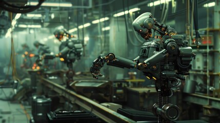 Robots working in factory setting