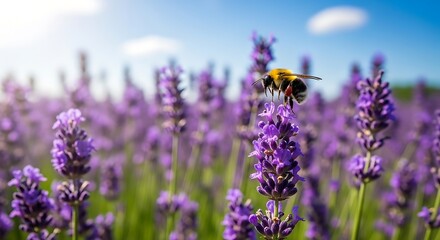 Vibrant Bumblebee on Purple Lavender Bloom Pollinating in a Sunny Summer Field.