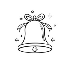 Hand drawn Christmas bell with a bow and stars, festive holiday line art illustration