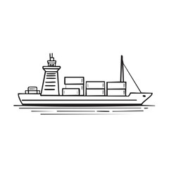 Obraz premium Liner Ship with Containers, Sketch Style Maritime Transport, Cargo Vessel on Ocean Water. Black and White Drawing.