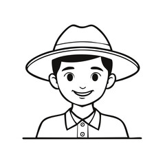 Cheerful young boy wearing a wide brimmed hat, black and white line art portrait illustration