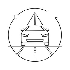 Obraz premium Automotive technology icon of car on road with navigation and route planning symbols