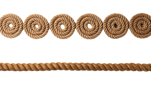 A collection of coiled and straight brown nautical ropes isolated on transparent background - Powered by Adobe