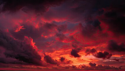 Fiery sunset cloudscape over ocean; dramatic sky, background texture