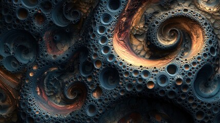 Abstract fractal art depicting a textured, swirling landscape with deep blues, oranges, and browns, featuring numerous crater-like formations and spiral patterns