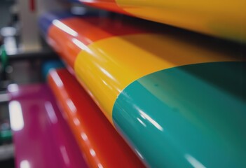 Colorful polymer sheets on a plastic extrusion line in production