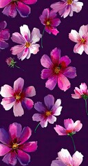 Purple Cosmos Flowers Watercolor, Vertical Design, Fabric Print