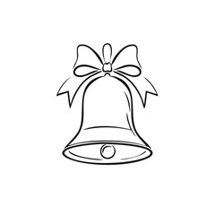 Classic holiday bell with a ribbon bow black and white line art sketch